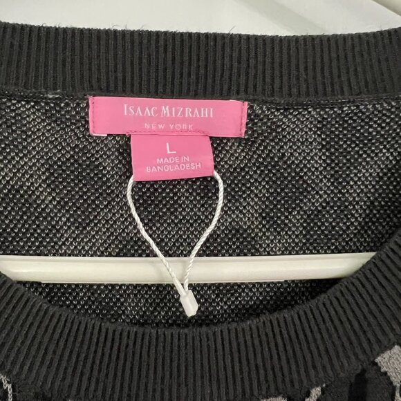 Isaac Mizrahi Sweater Large Grey Black Leopard Crew Neck Pullover Chic Modern - Picture 2 of 3